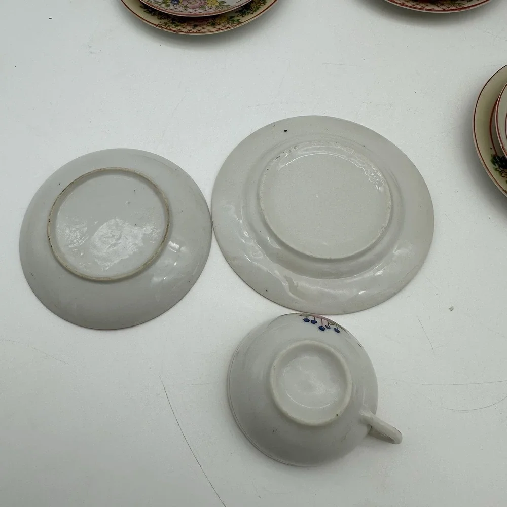 Vintage China Floral Demitasse Cup & Saucer 5 Sets Mini Red Trim Childs Tea Size